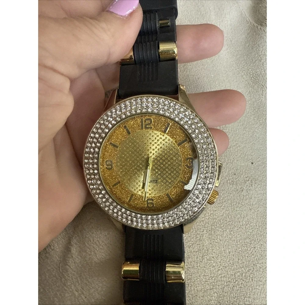 Unisex Watch Luxury‎ Hip Hop Full Iced Face Gold Finished Black   Band  4303